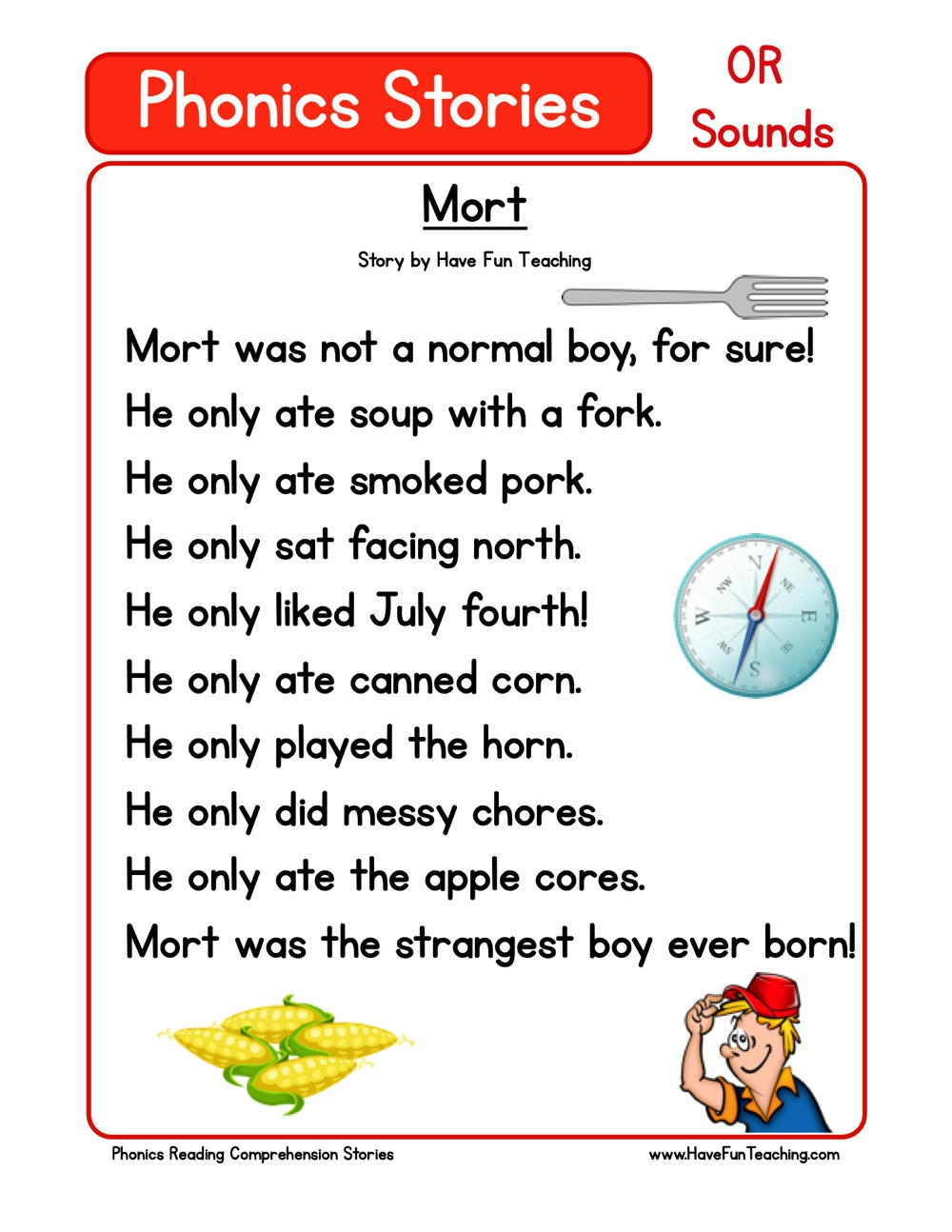 Mort Phonics Reading Comprehension Story Worksheet OR Sound Have Fun Teaching