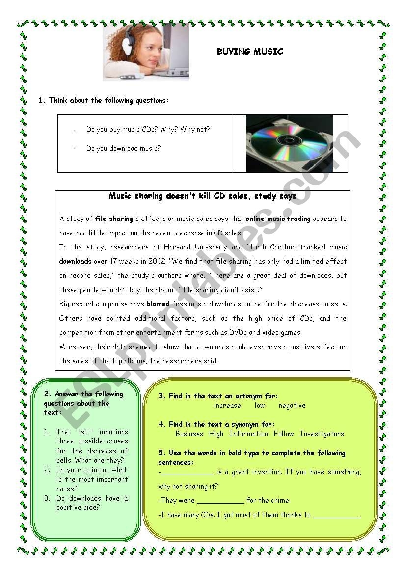 MUSIC SALES READING COMPREHENSION ESL Worksheet By Thenurse78