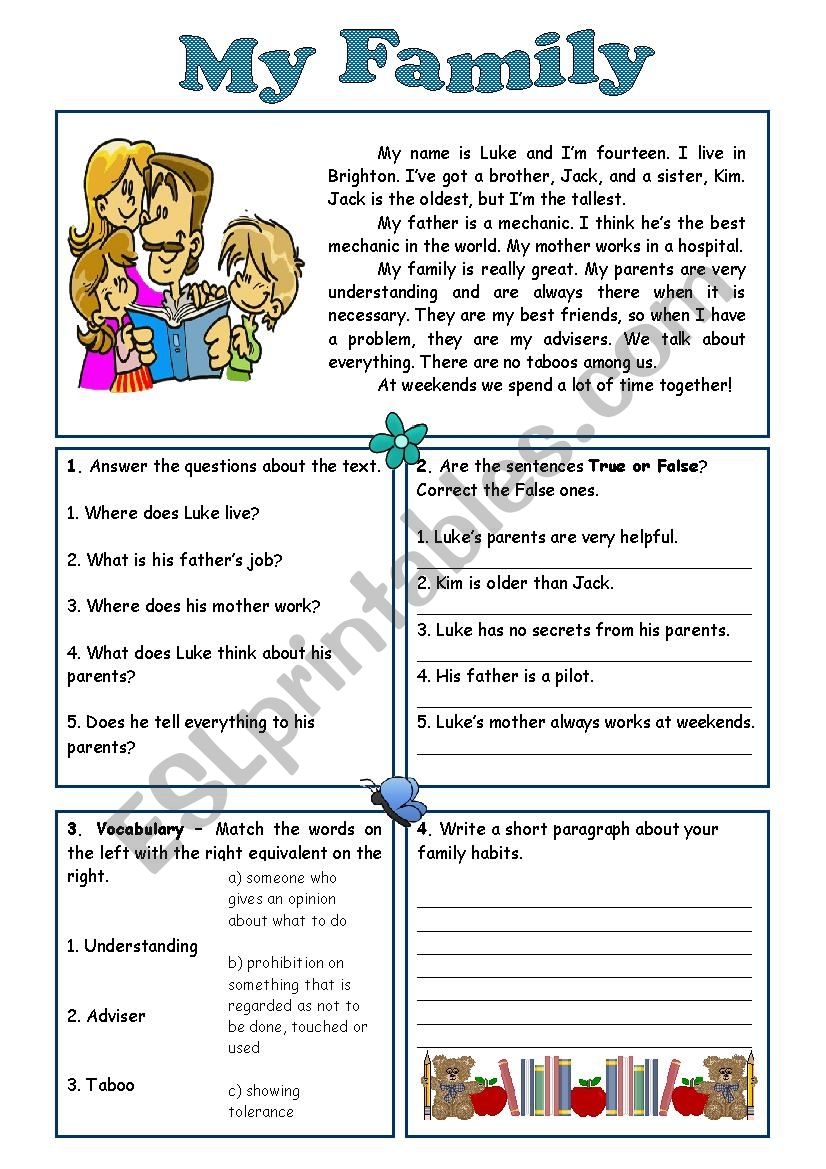 My Family Reading Comprehension ESL Worksheet By Sarasantos