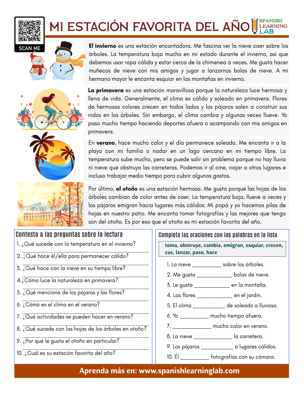 My Favorite Season In Spanish PDF Reading Worksheet Spanish Learning Lab