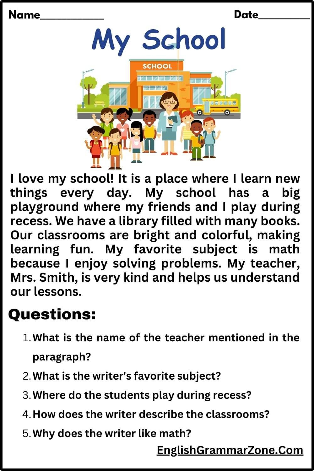 My School Reading Comprehension For Grade 2