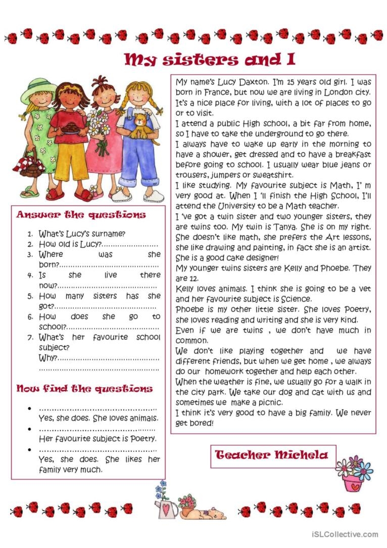 My Sisters And I Reading For Detail English ESL Worksheets Pdf Doc