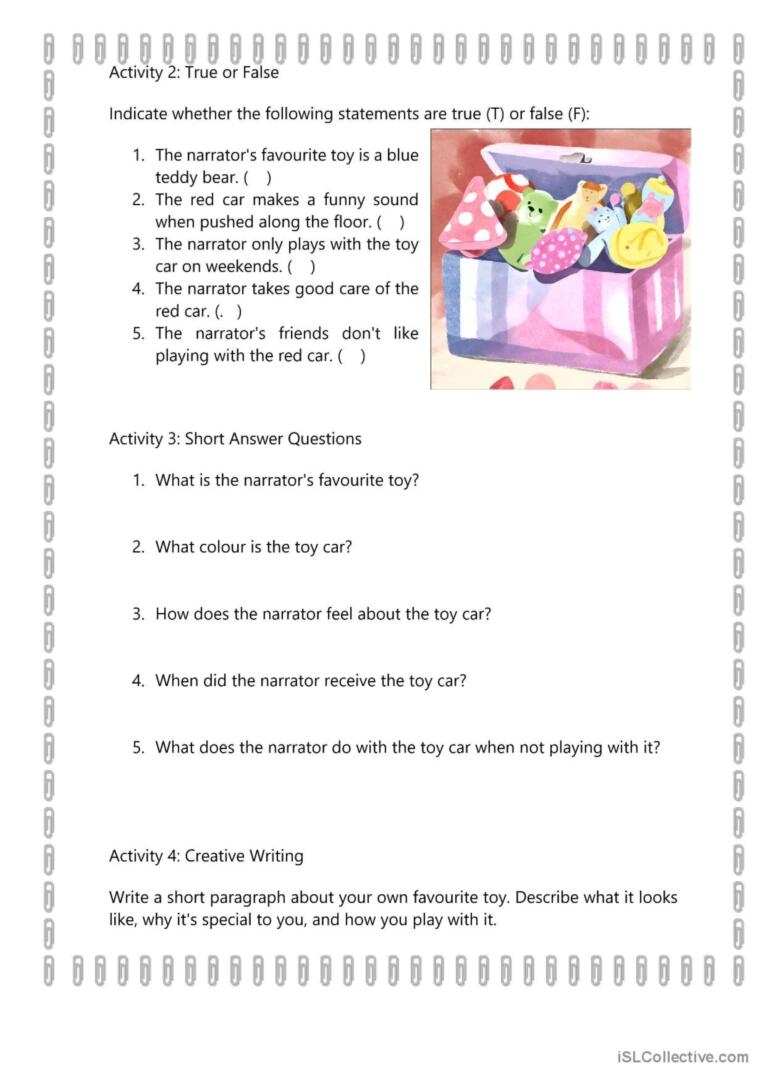 MY TOY CAR READING COMPREHENSION FO English ESL Worksheets Pdf Doc