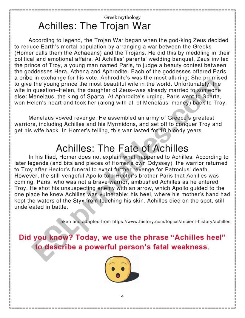 Achilles Heel Reading Comprehension Worksheets