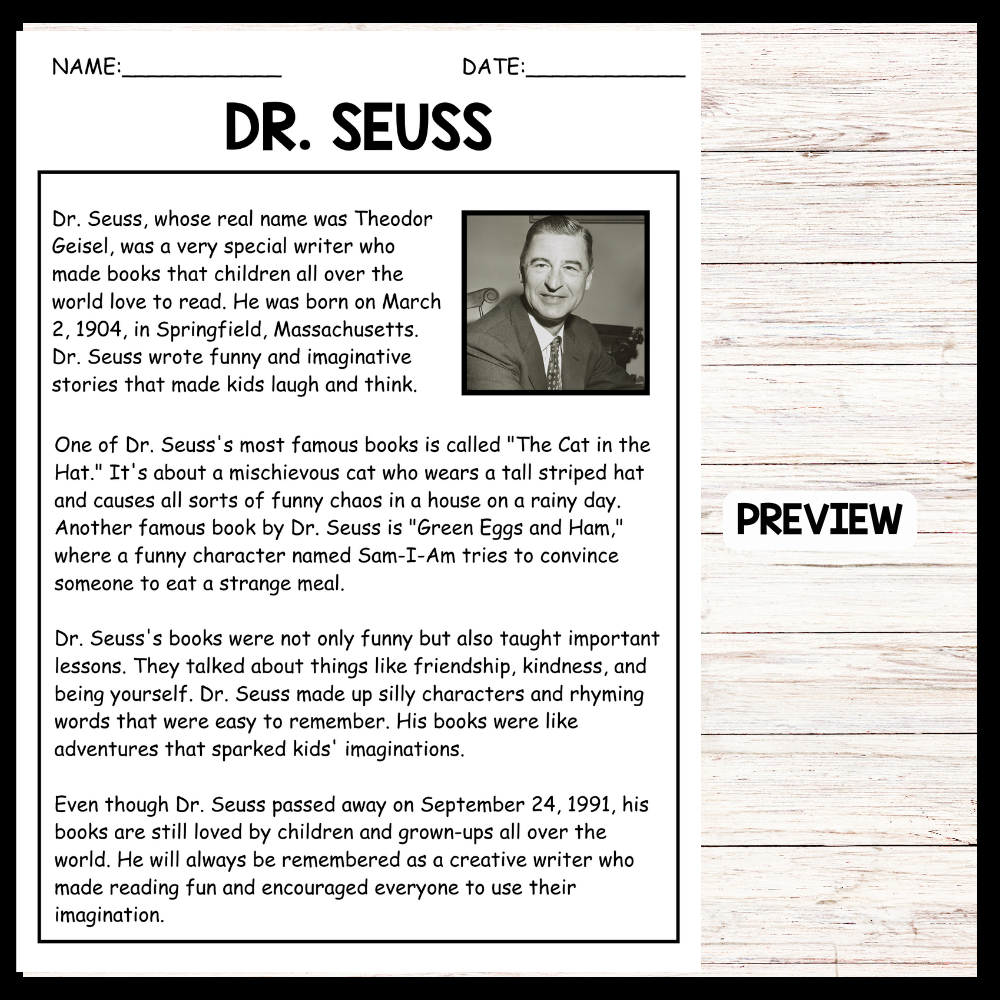 Dr Seuss Reading Comprehension Worksheet
