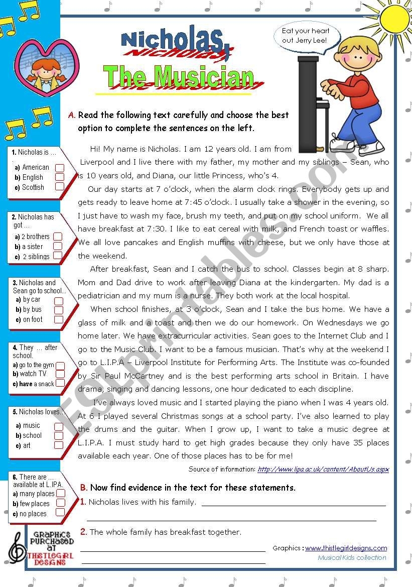 Nicholas The Musician A Typical Day 1 Reading Comprehension Ws On Dailing Routine For Elementary And Lower Intermediate Stds A2 ESL Worksheet By Mena22
