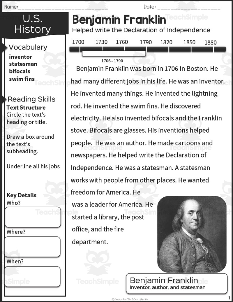 Nonfiction Reading Packet Benjamin Franklin By Teach Simple
