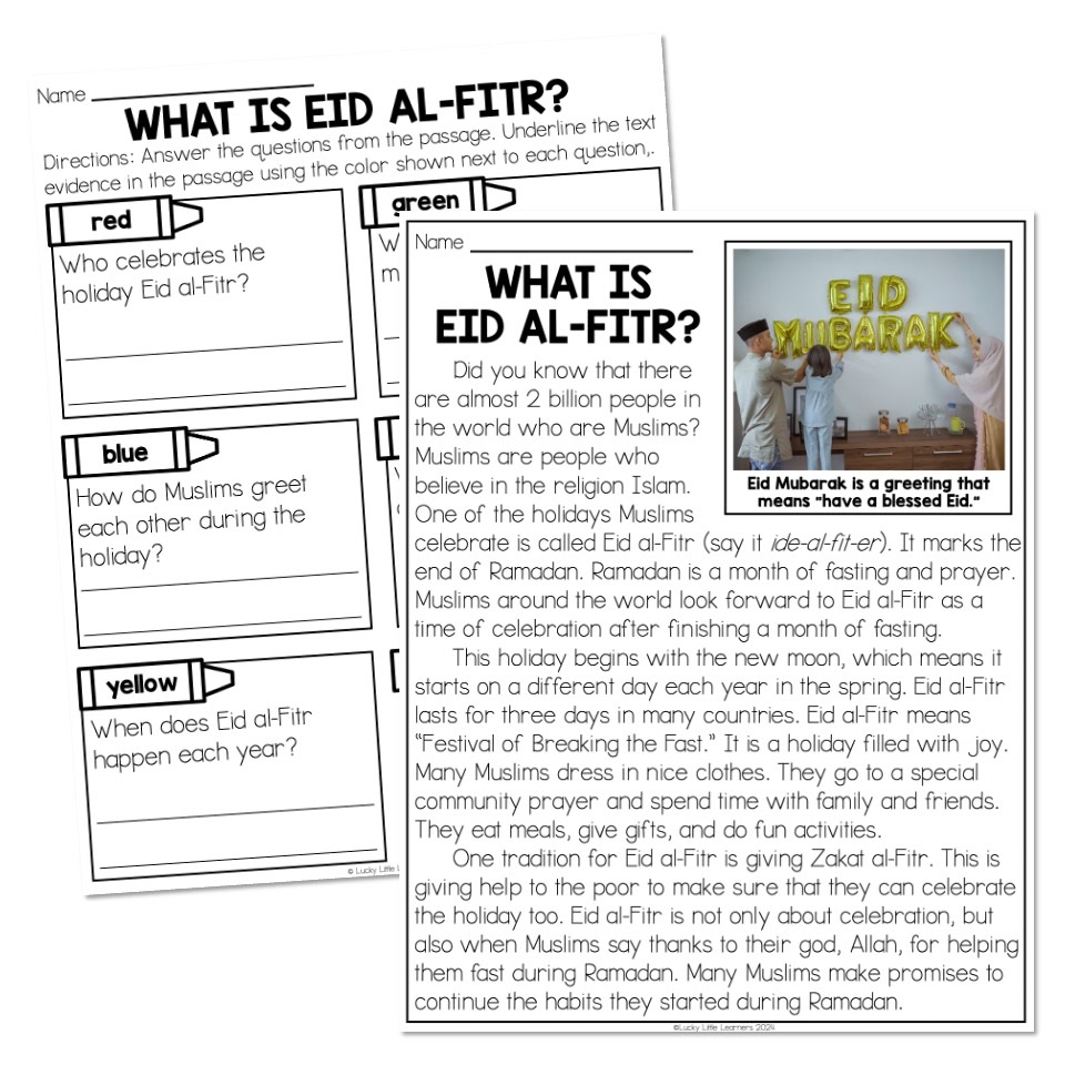 Nonfiction Reading Passage And Questions Text Evidence Spring Holidays What Is Eid Al Fitr Lucky Little Learners