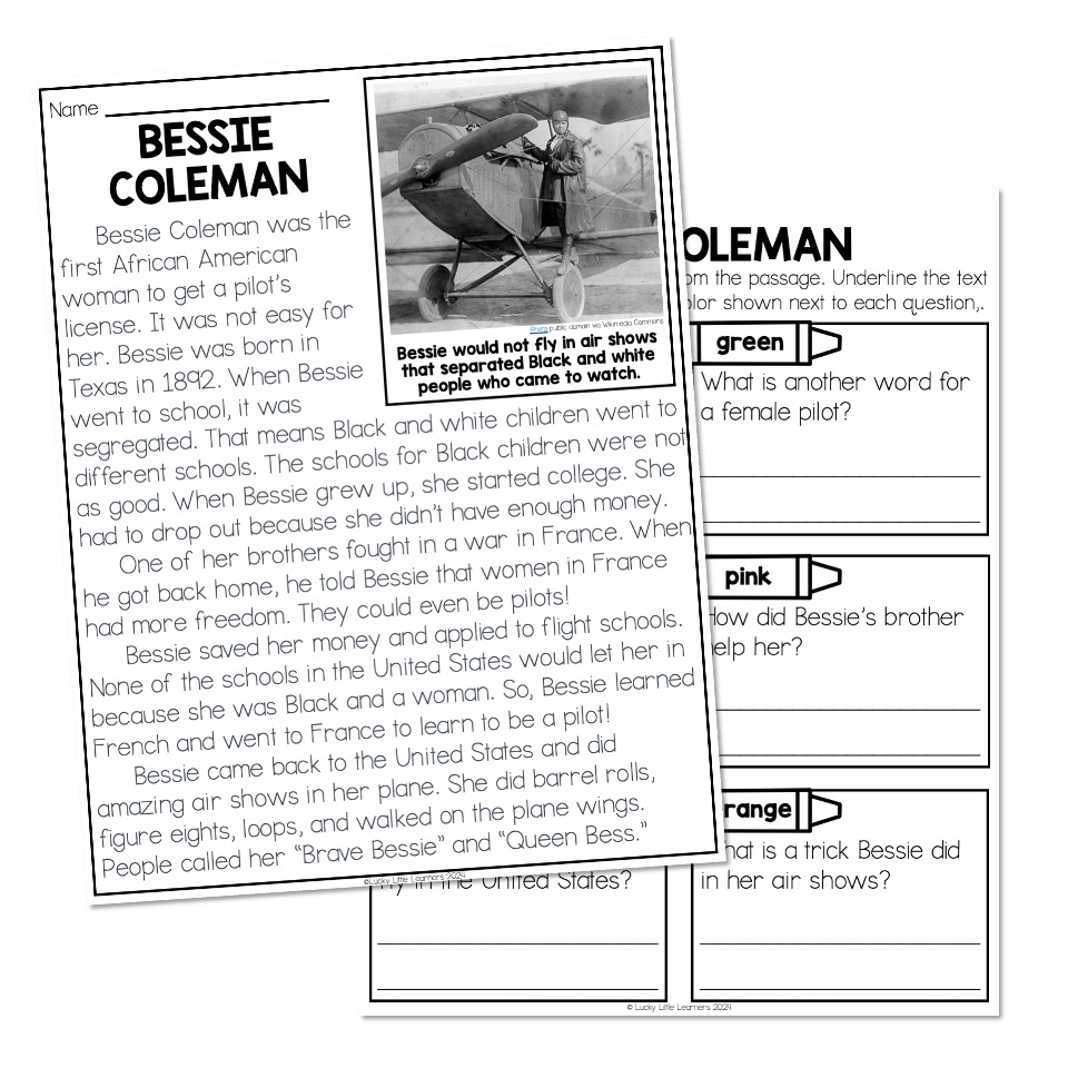 Nonfiction Reading Passage Biography Bessie Coleman Lucky Little Learners Nonfiction Reading Passage Biography Bessie Coleman Lucky Little Learners