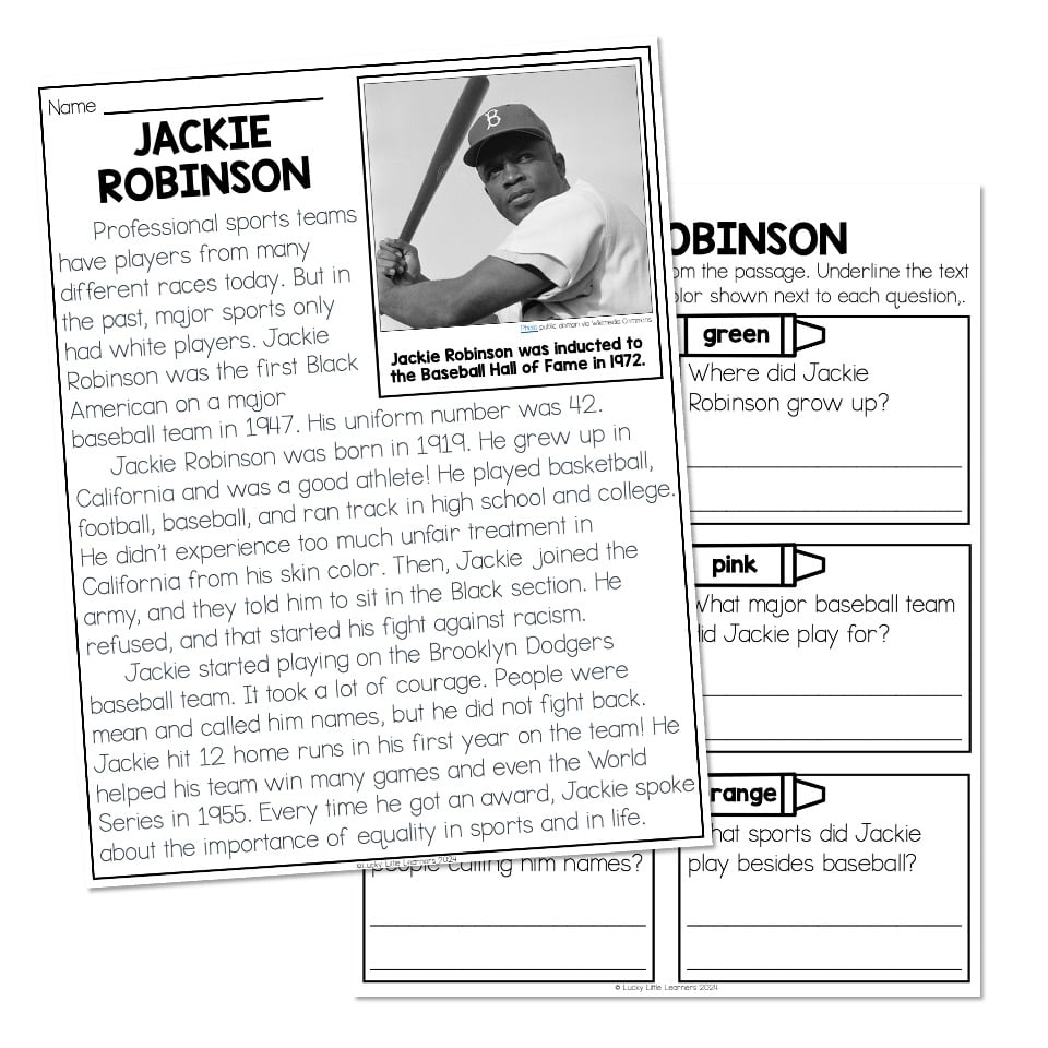 Nonfiction Reading Passage Biography Jackie Robinson Lucky Little Learners