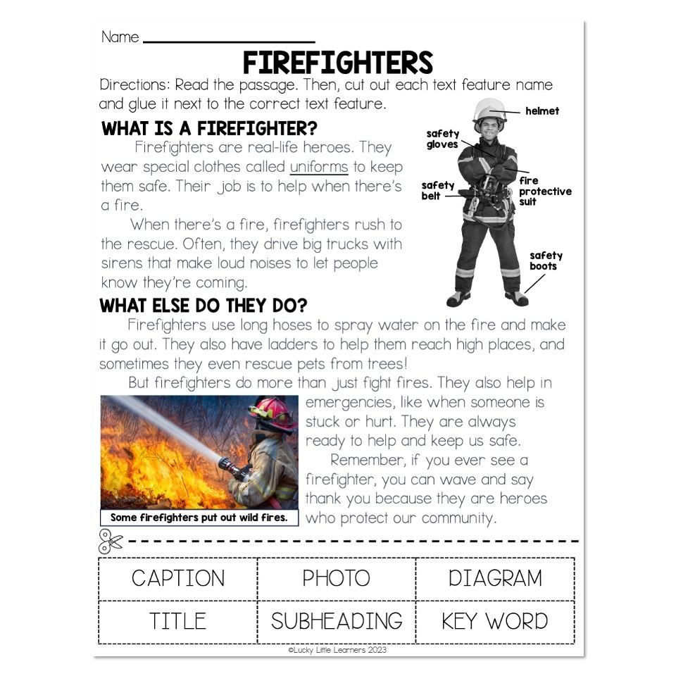 Nonfiction Text Features Firefighter Passage Lucky Little Learners
