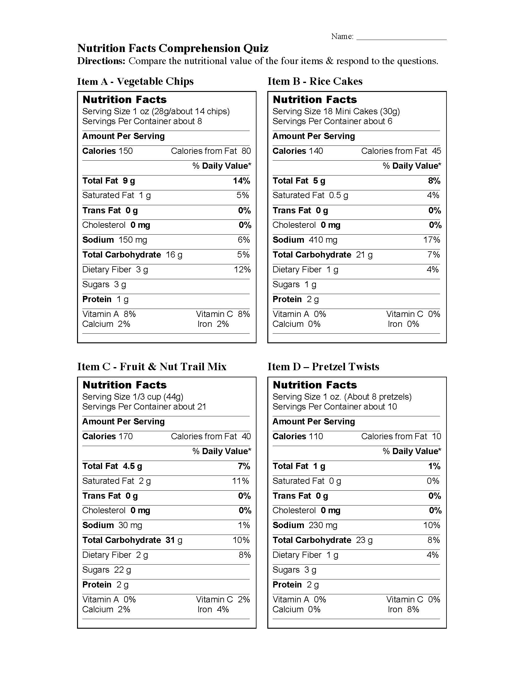 Nutritional Facts Comparision Nonfiction Reading Activity Nutritional Facts Comparision Nonfiction Reading Activity