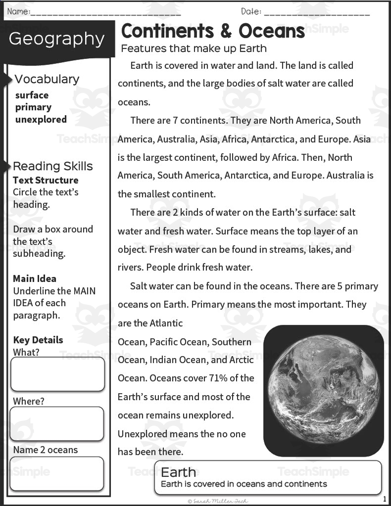 Continents Reading Comprehension Worksheets