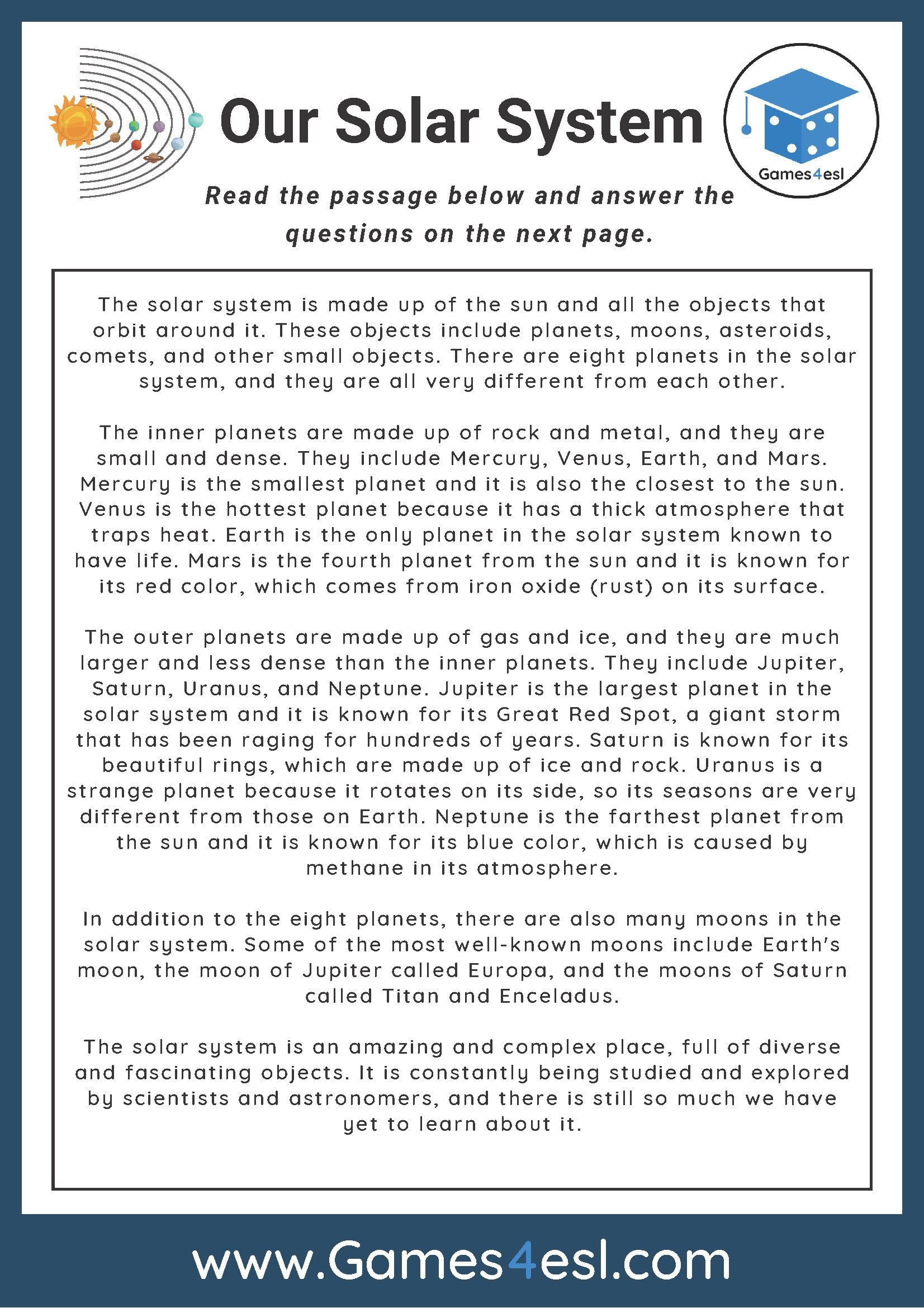 Our Solar System Reading Comprehension Worksheet Games4esl