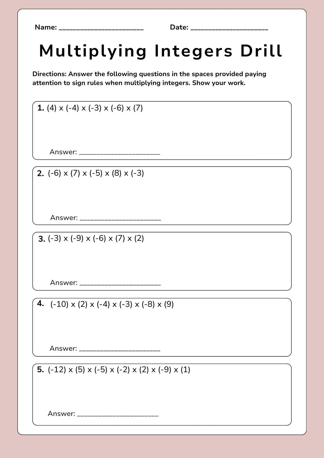 Integers Math Worksheets Free Printables