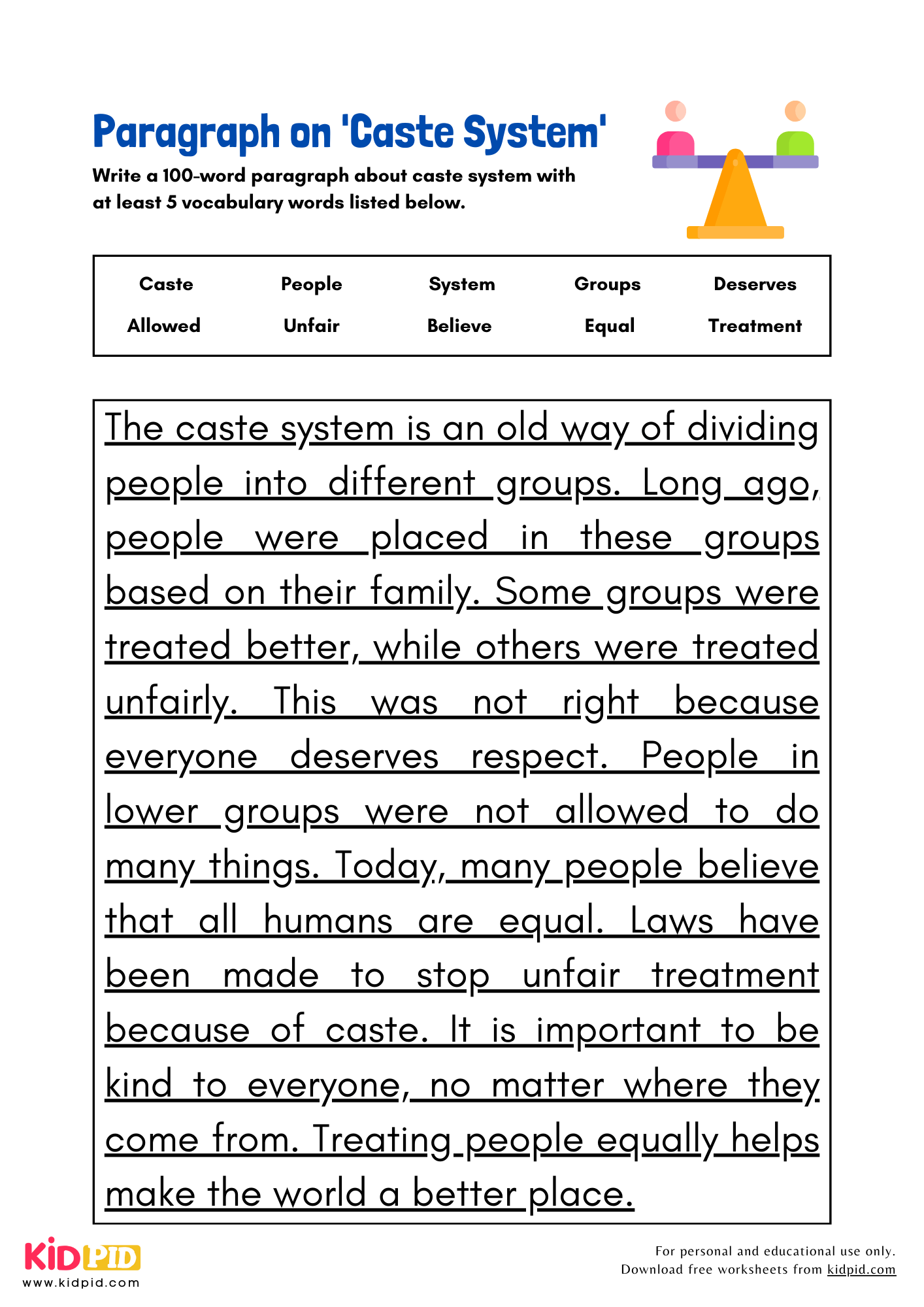 Caste System Reading Comprehension Worksheet