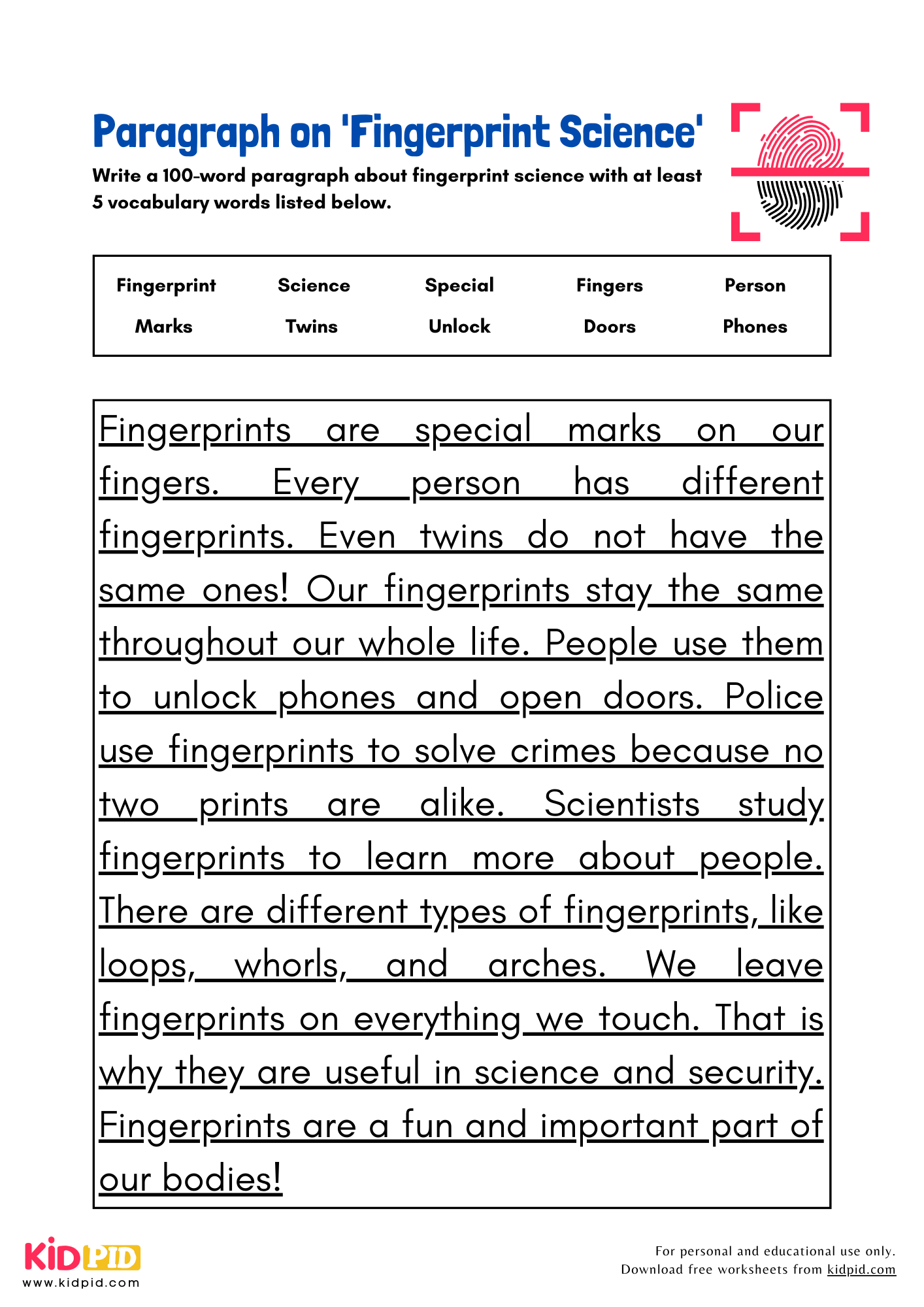 All About Fingerprints Reading Comprehension Worksheet