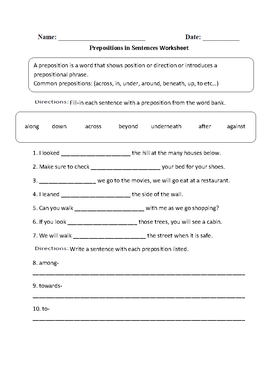 Parts Of A Sentence Worksheets Prepositional Phrase Worksheets