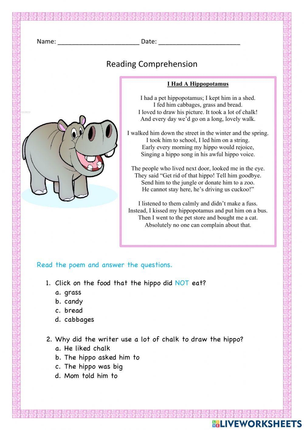3Rd Grade Poetry Reading Comprehension Worksheets