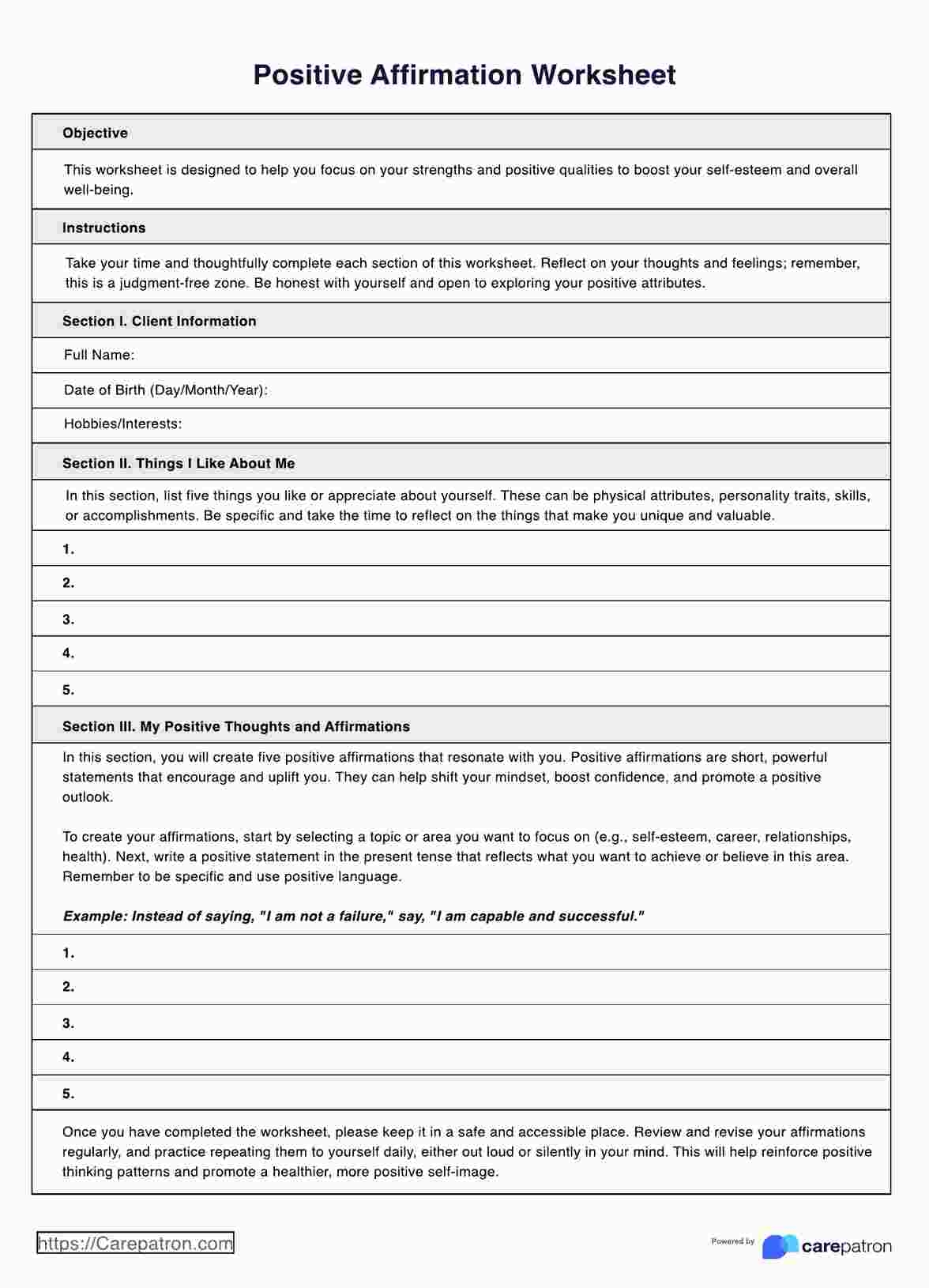 Positive Affirmations Worksheet Example Free PDF Download