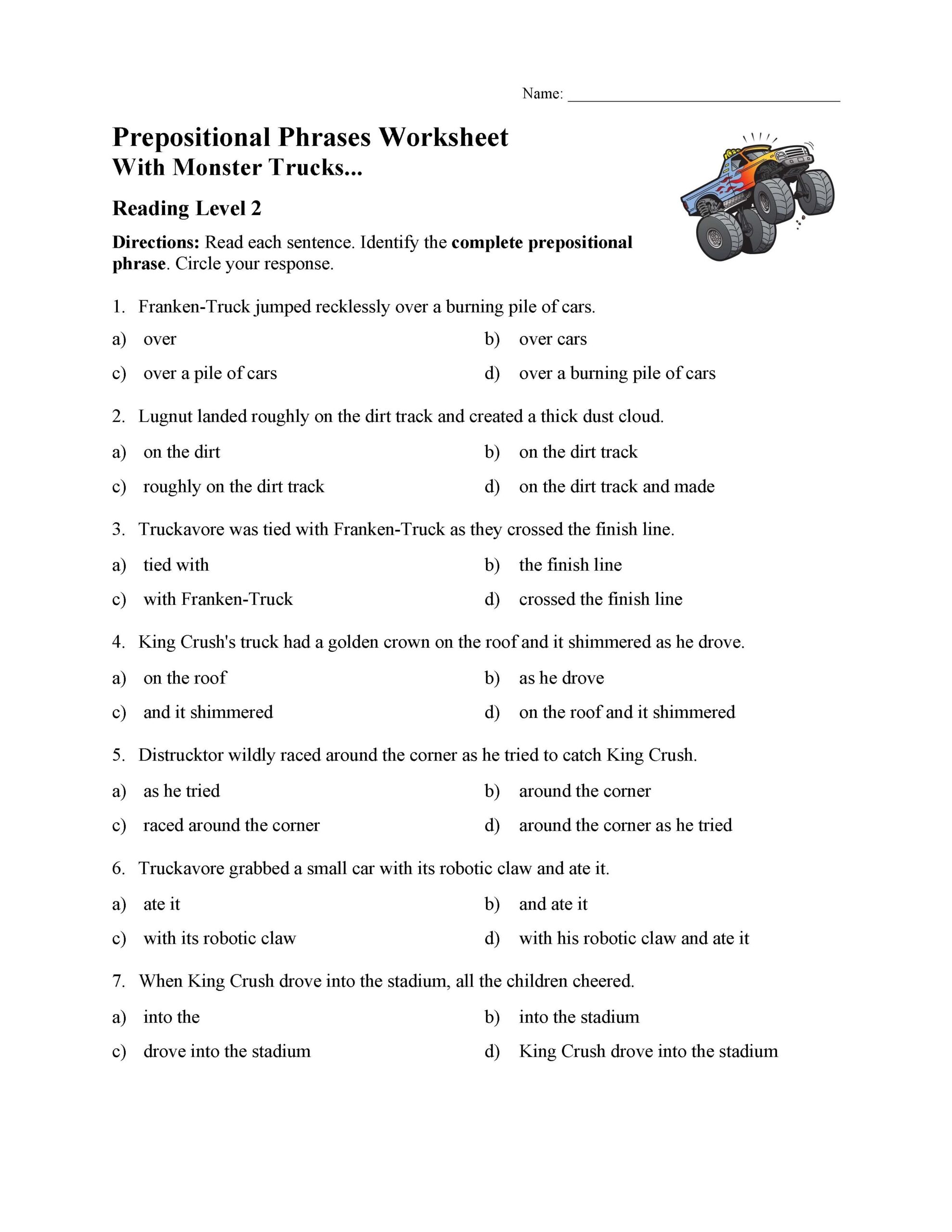 Directional Prepositional Phrases Worksheet Free Printable