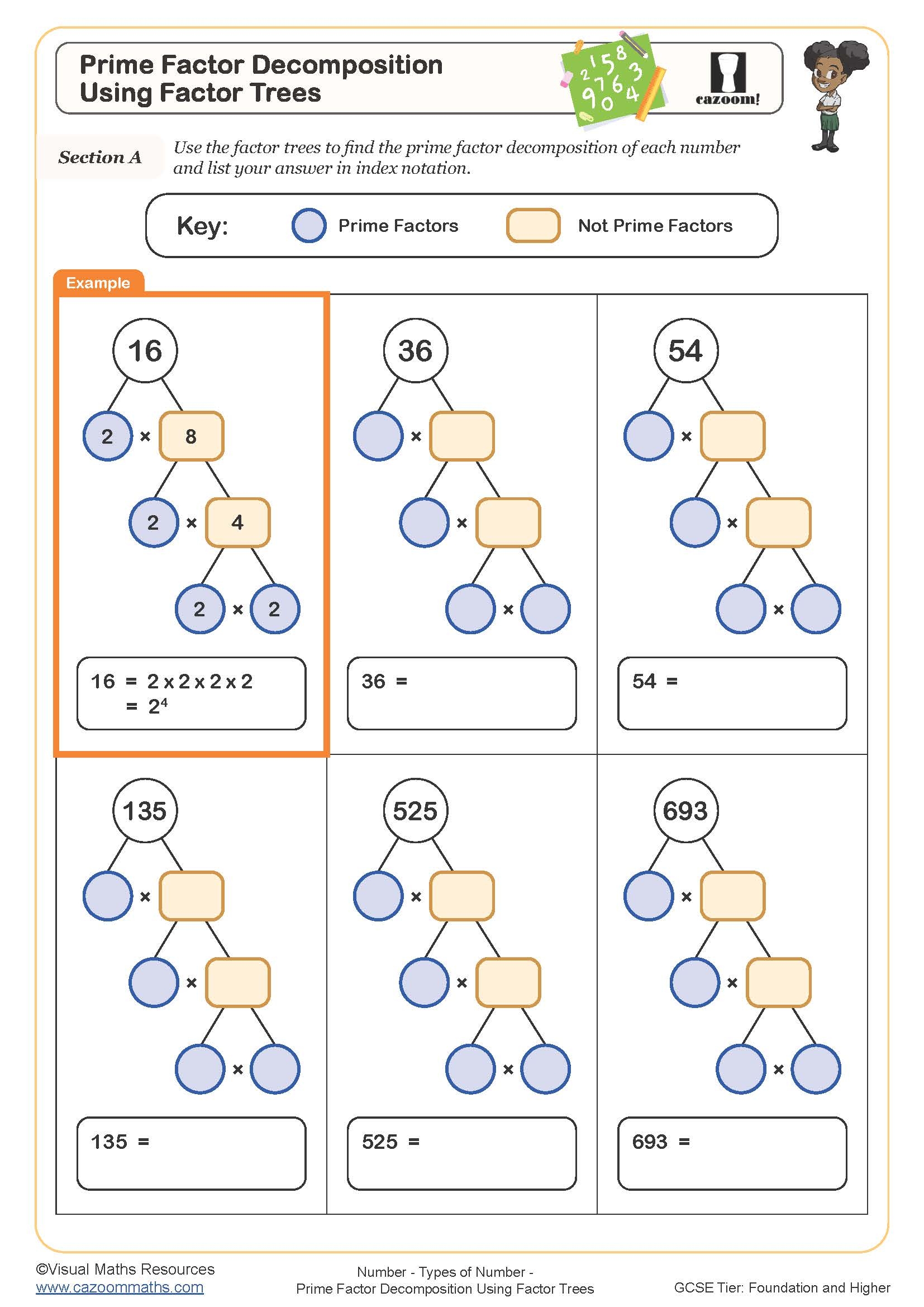 Prime Factor Decomposition Using Factor Trees Worksheet Printable PDF Worksheets