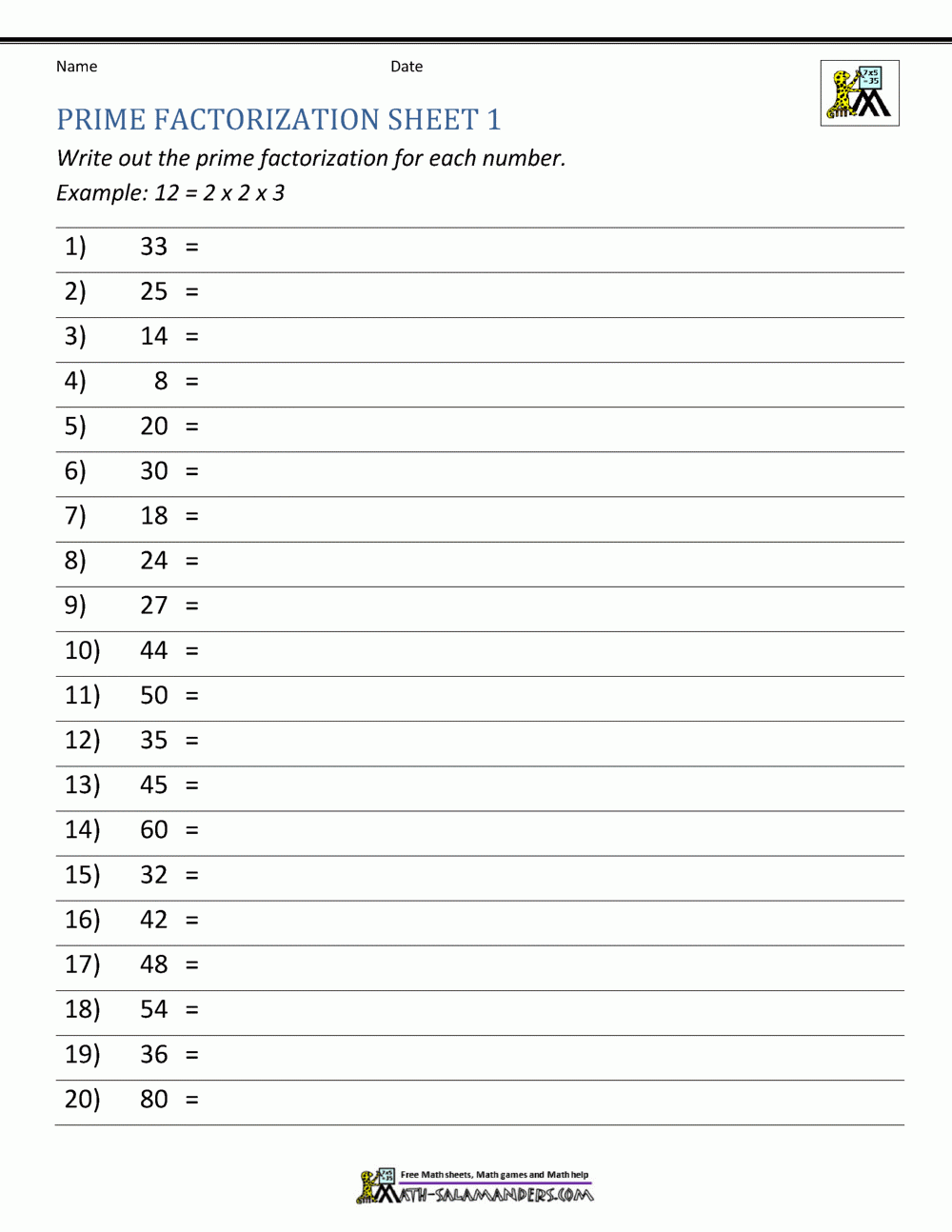 Prime Factorization Free Printable Worksheet