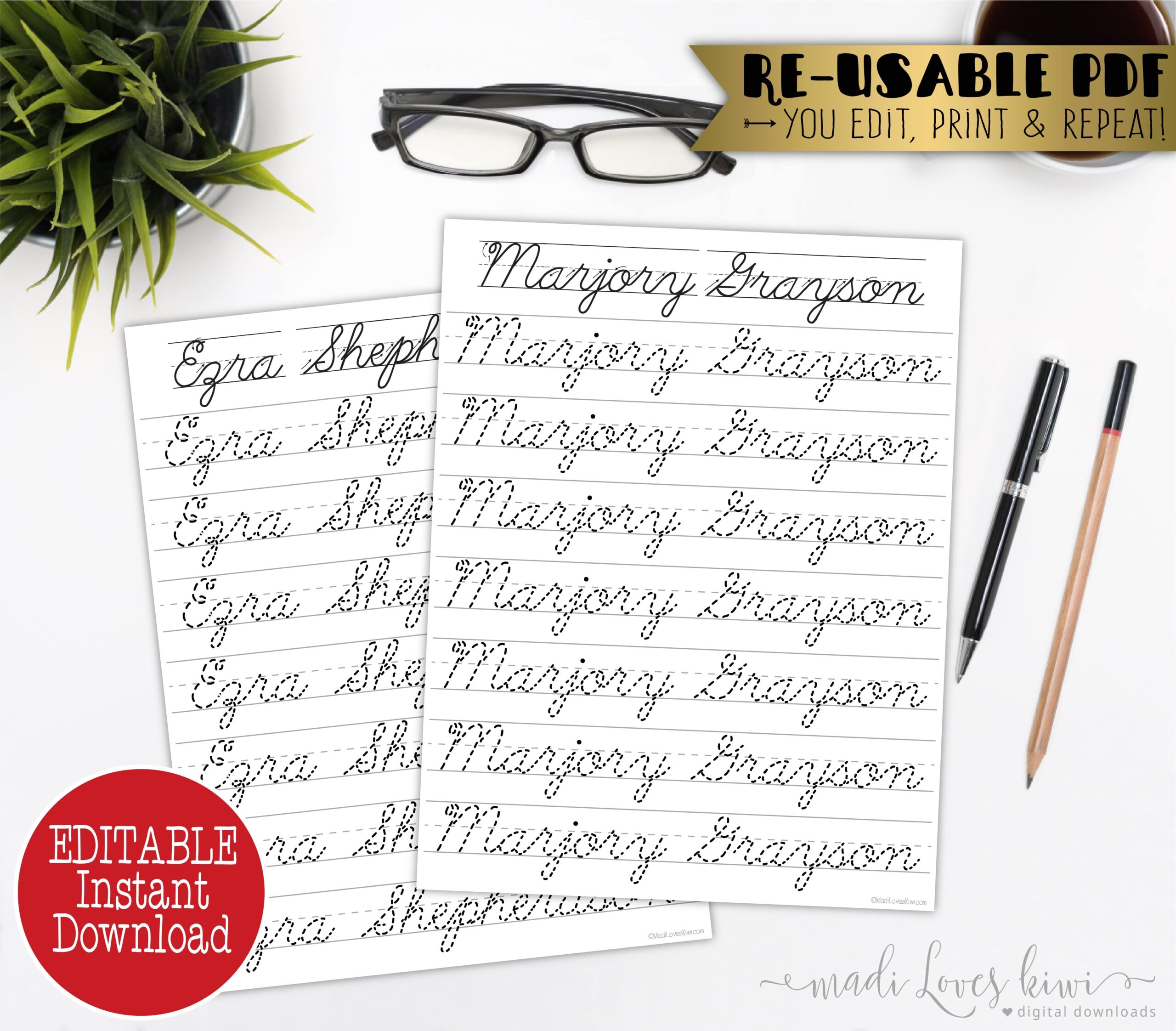 Printable Cursive Name Writing Worksheet Editable Script Handwriting Practice Page Madi Loves Kiwi Digital Downloads