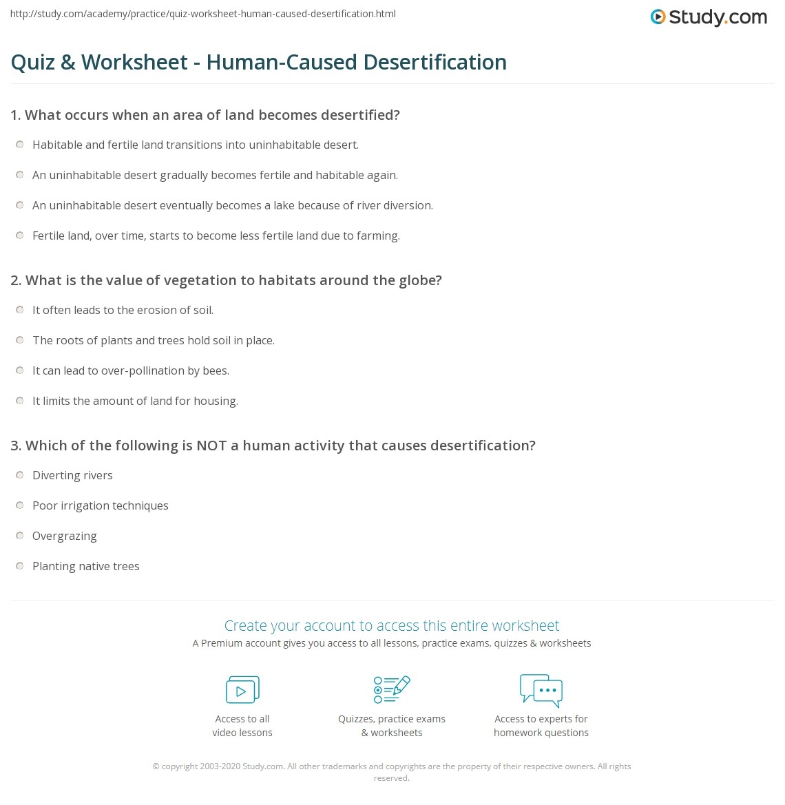 Desertification Reading Comprehension Worksheet