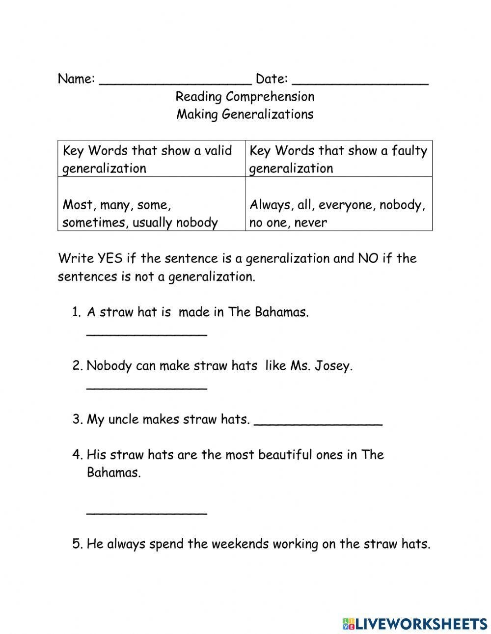Quiz Worksheet Interpreting Generalizations Of A Passage Worksheets Library