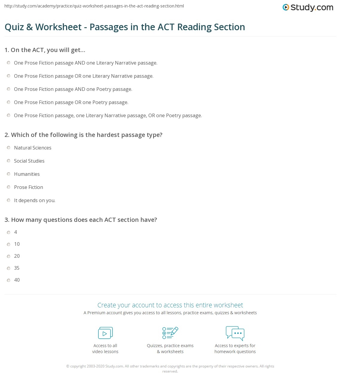 Act Reading Comprehension Practice Worksheets