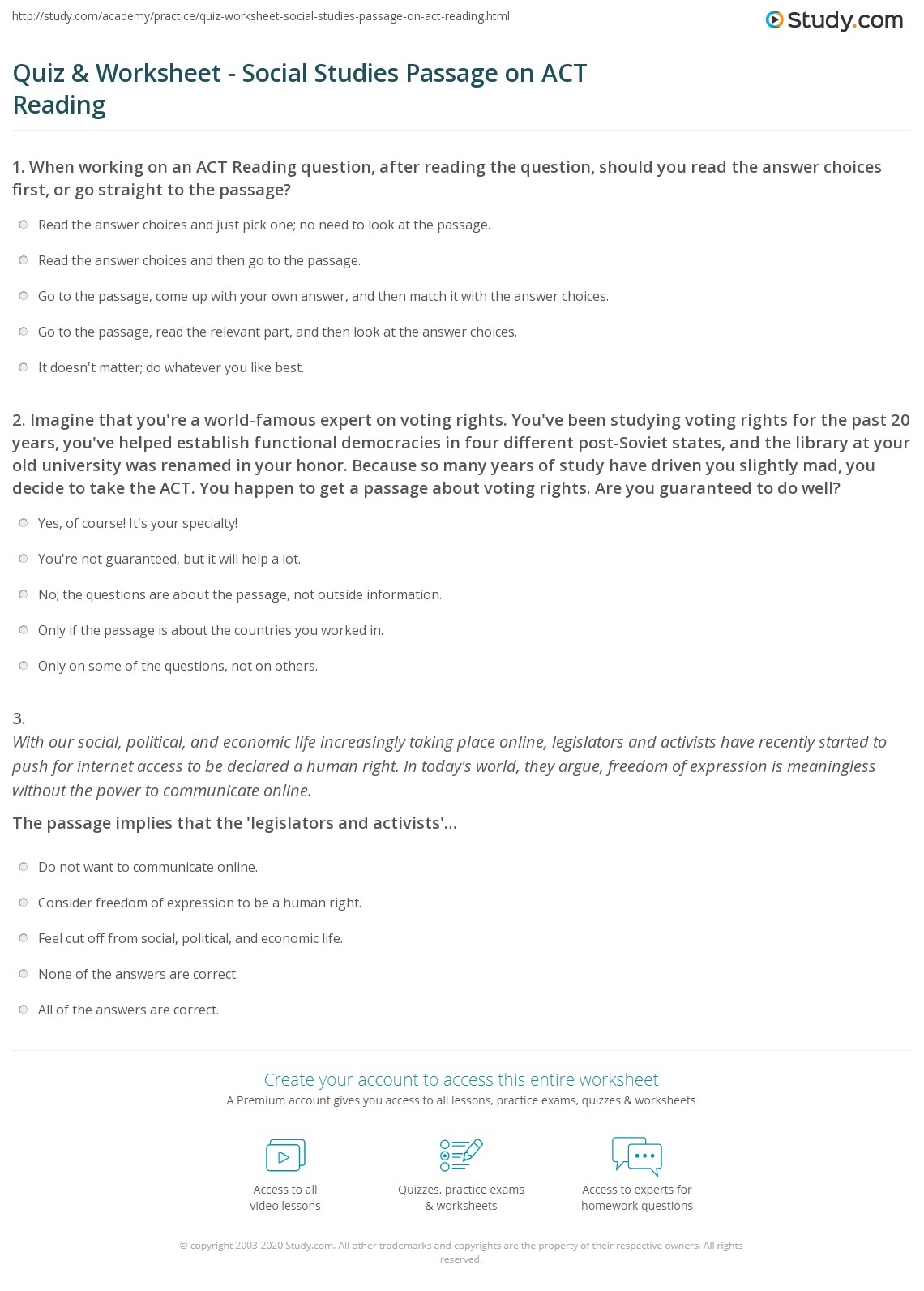 Quiz Worksheet Social Studies Passage On ACT Reading Study