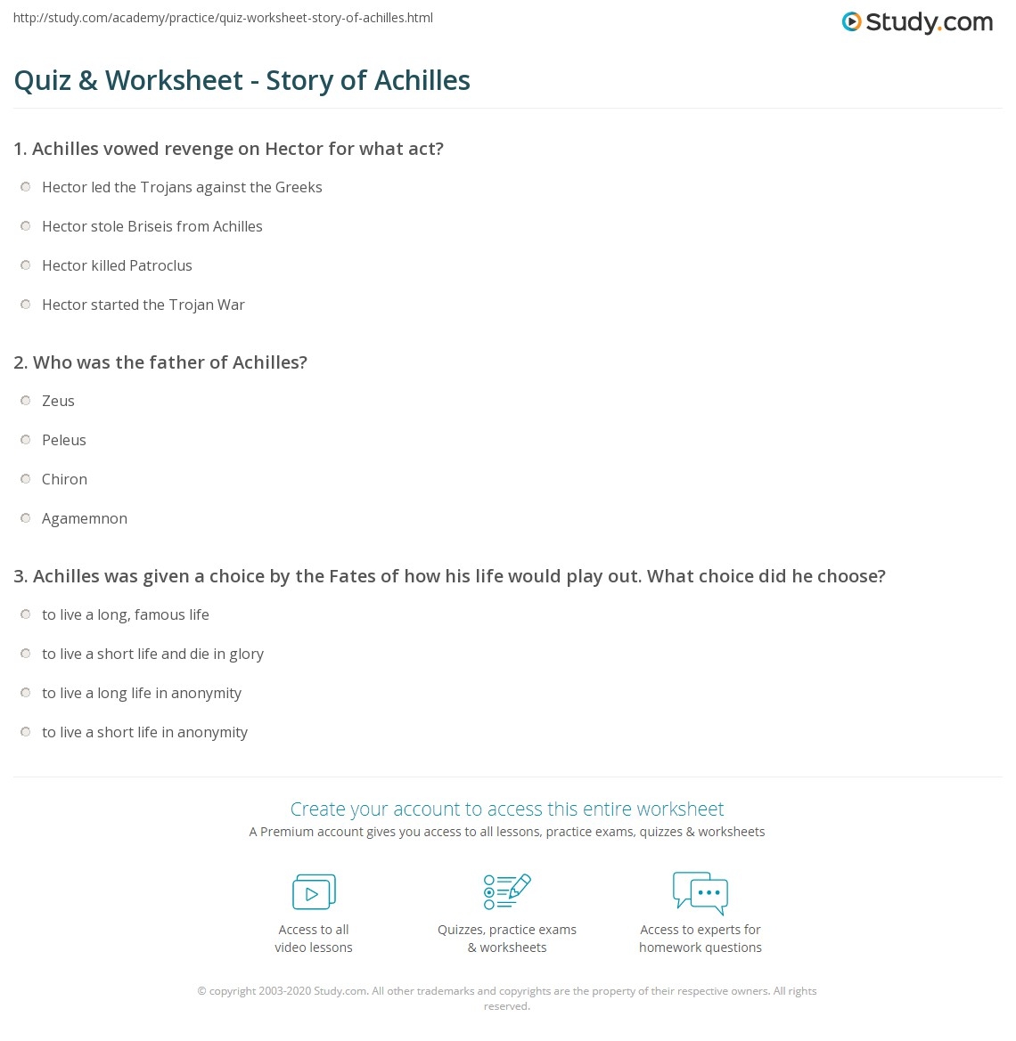 Quiz Worksheet Story Of Achilles Study