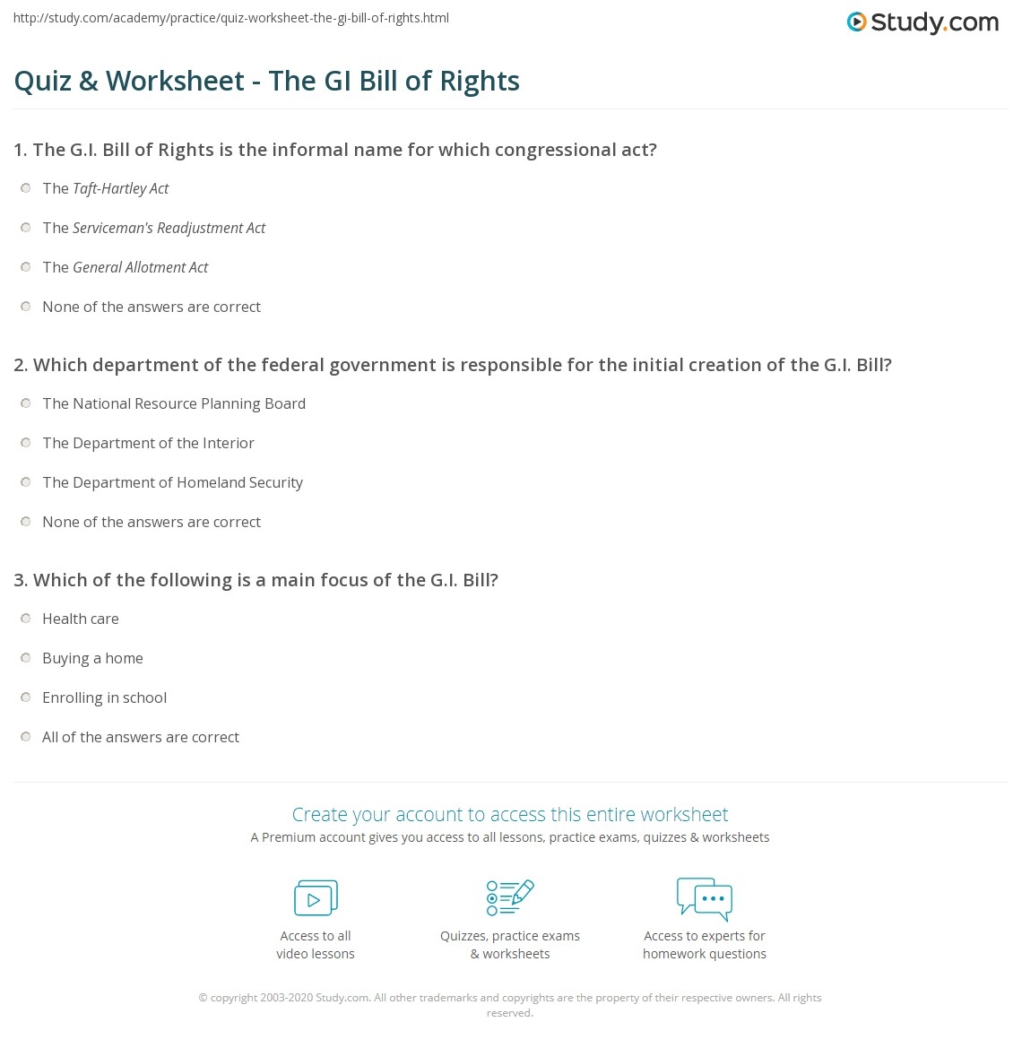 Quiz Worksheet The GI Bill Of Rights Study