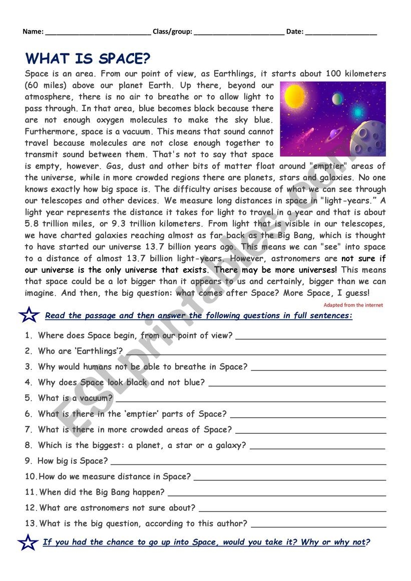 Esl Worksheets Space Reading Comprehension Esl Worksheets Space Reading Comprehension