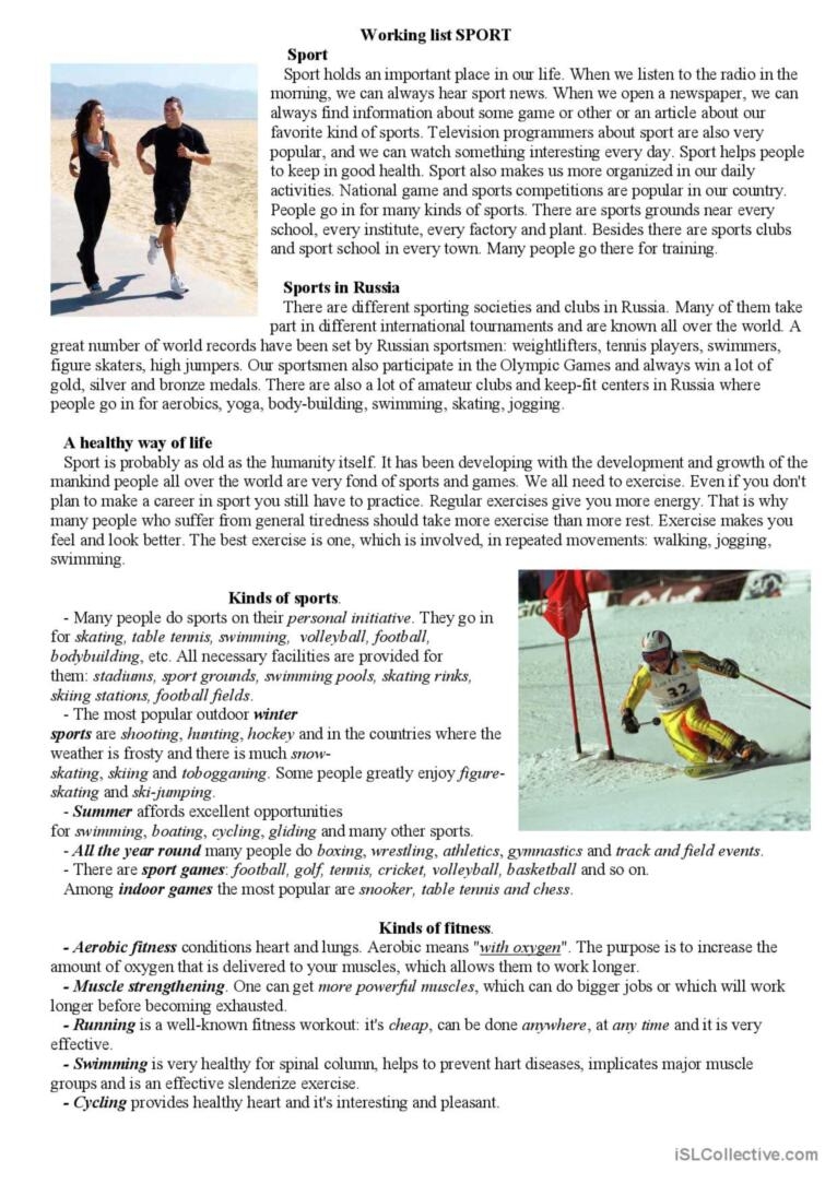Esl Worksheets Sports Reading Comprehension