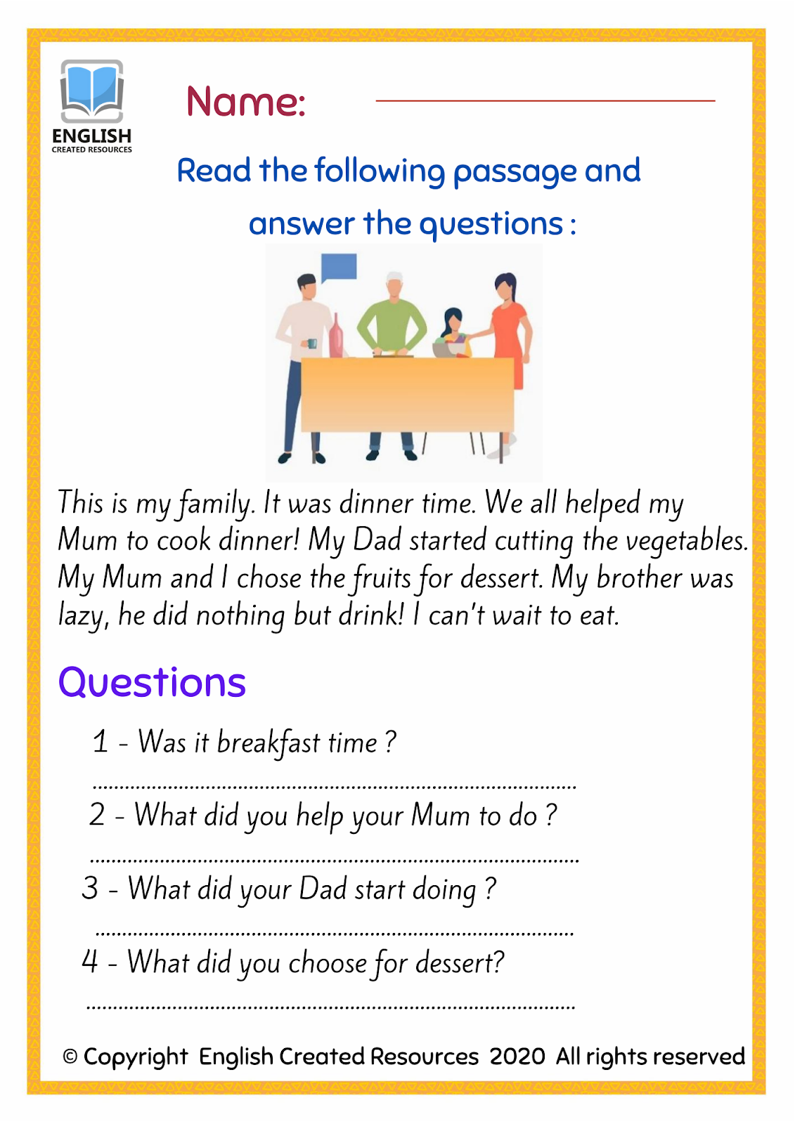 Family Reading Comprehension Worksheet