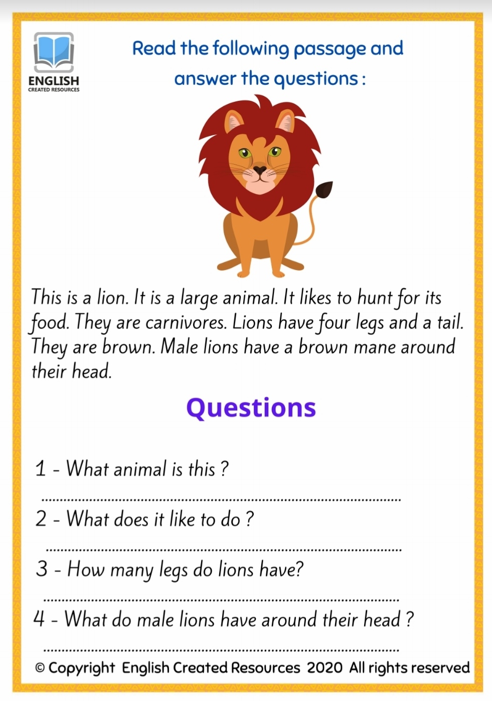 Reading And Writing Worksheets Animals English Created Resources