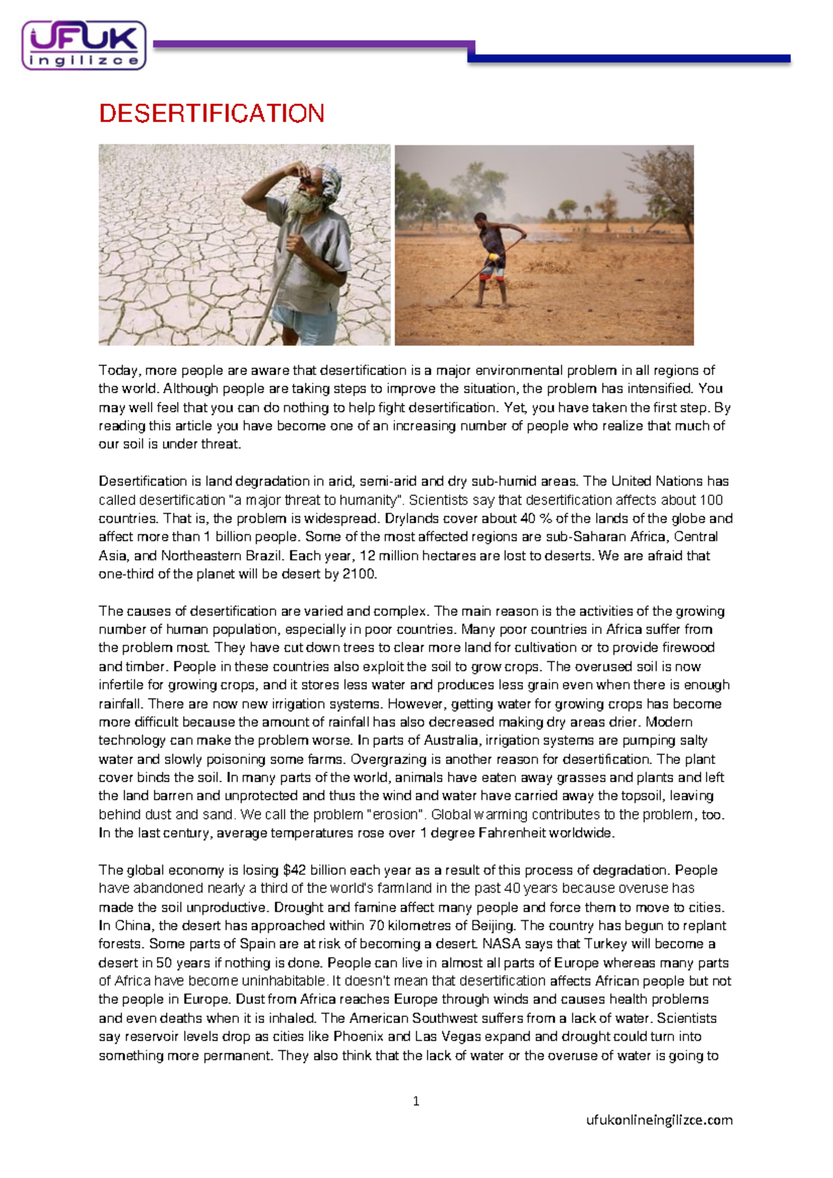 Reading Comprehension 2 1 DESERTIFICATION Today More People Are Aware That Desertification Is A Studocu
