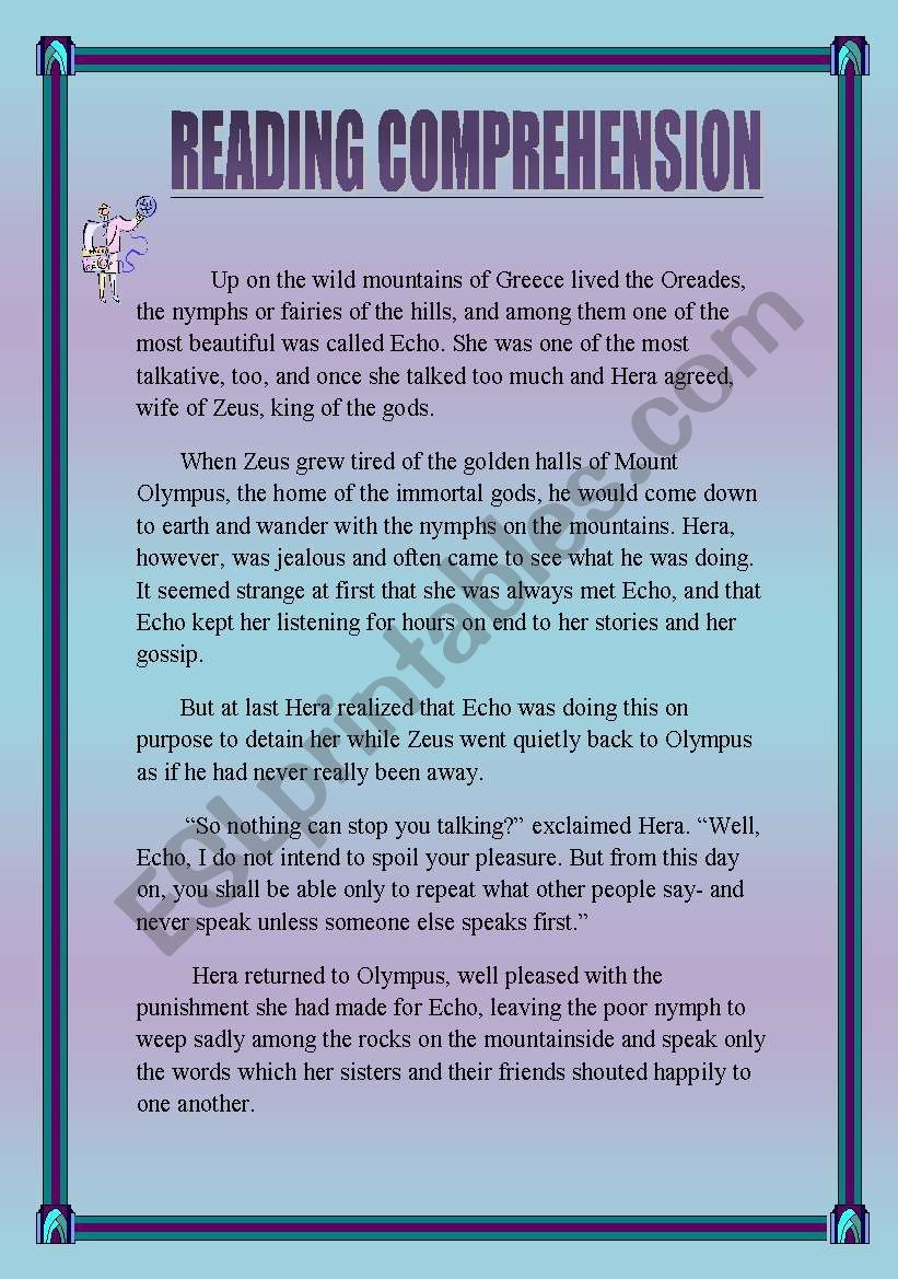 Reading Comprehension A Greek Myth ESL Worksheet By Kim82
