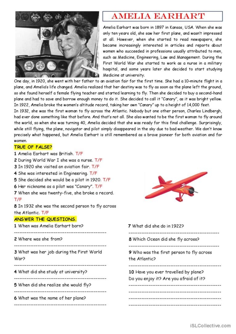 Reading Comprehension Amelia Earha English ESL Worksheets Pdf Doc