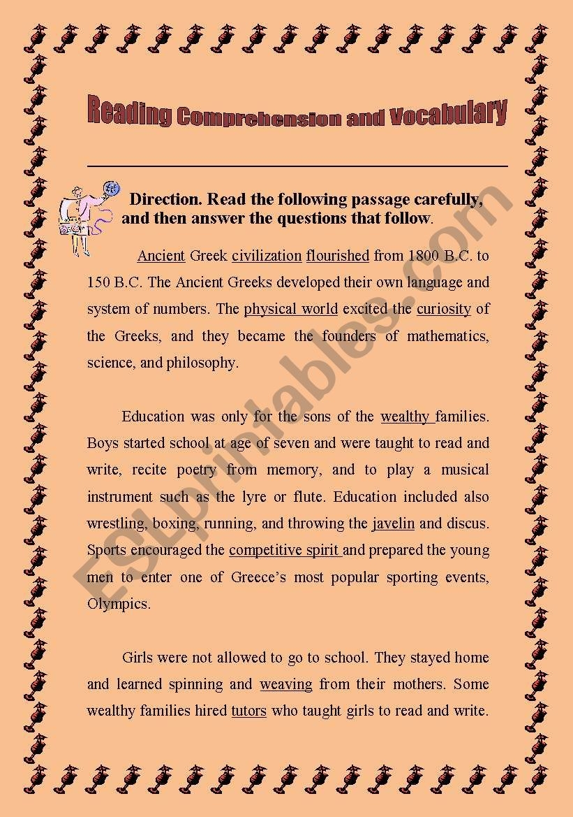 Reading Comprehension Ancient Greek Civilization ESL Worksheet By Kim82