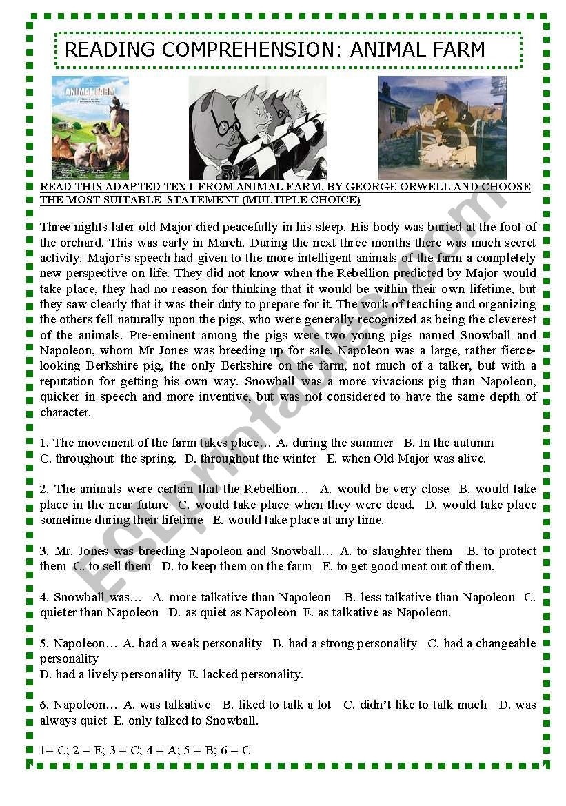 READING COMPREHENSION ANIMAL FARM ESL Worksheet By Tagoreluz1