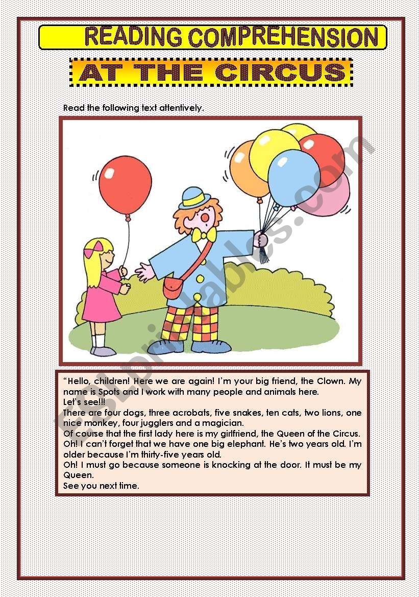 READING COMPREHENSION AT THE CIRCUS ESL Worksheet By Macomabi