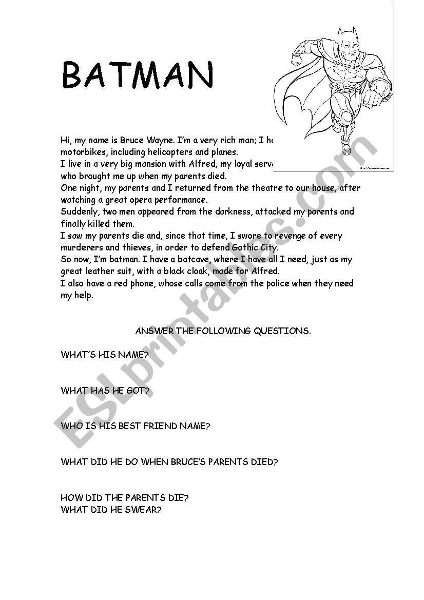 Reading Comprehension Batman ESL Worksheet By Marianstraw6