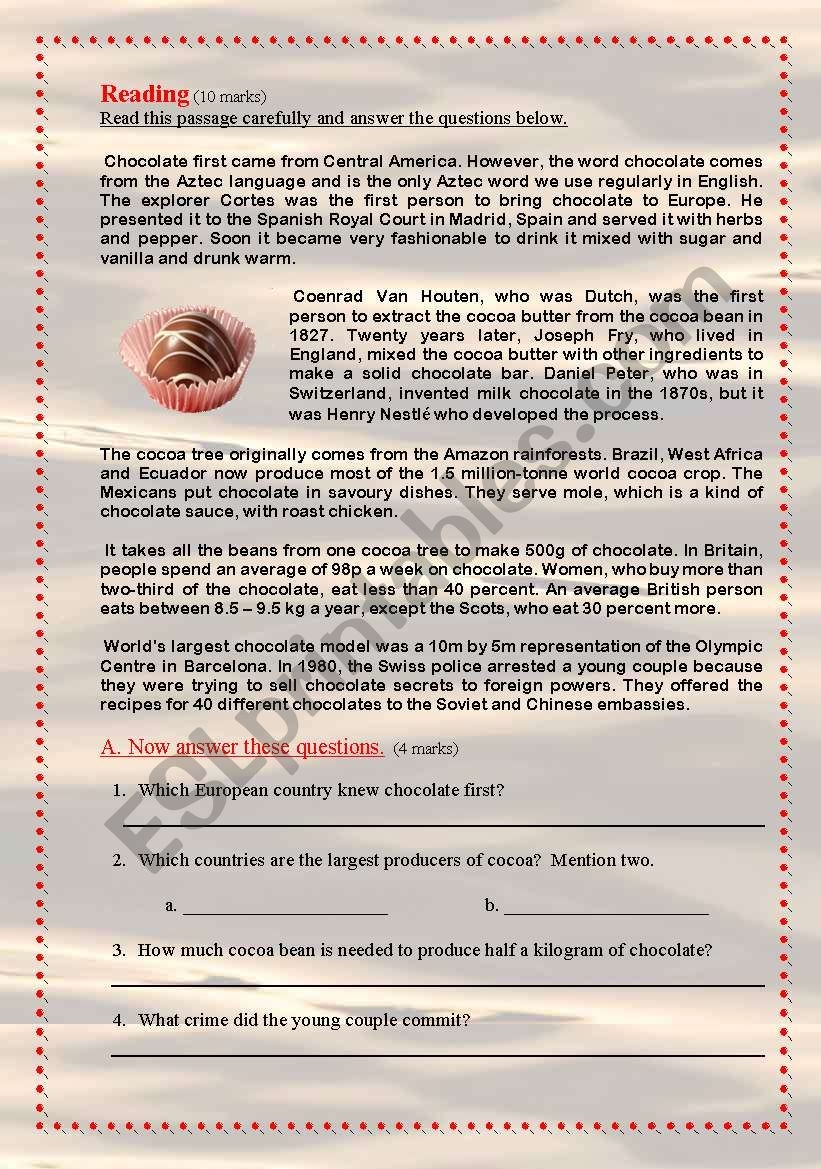 Chocolate Reading Comprehension Worksheets