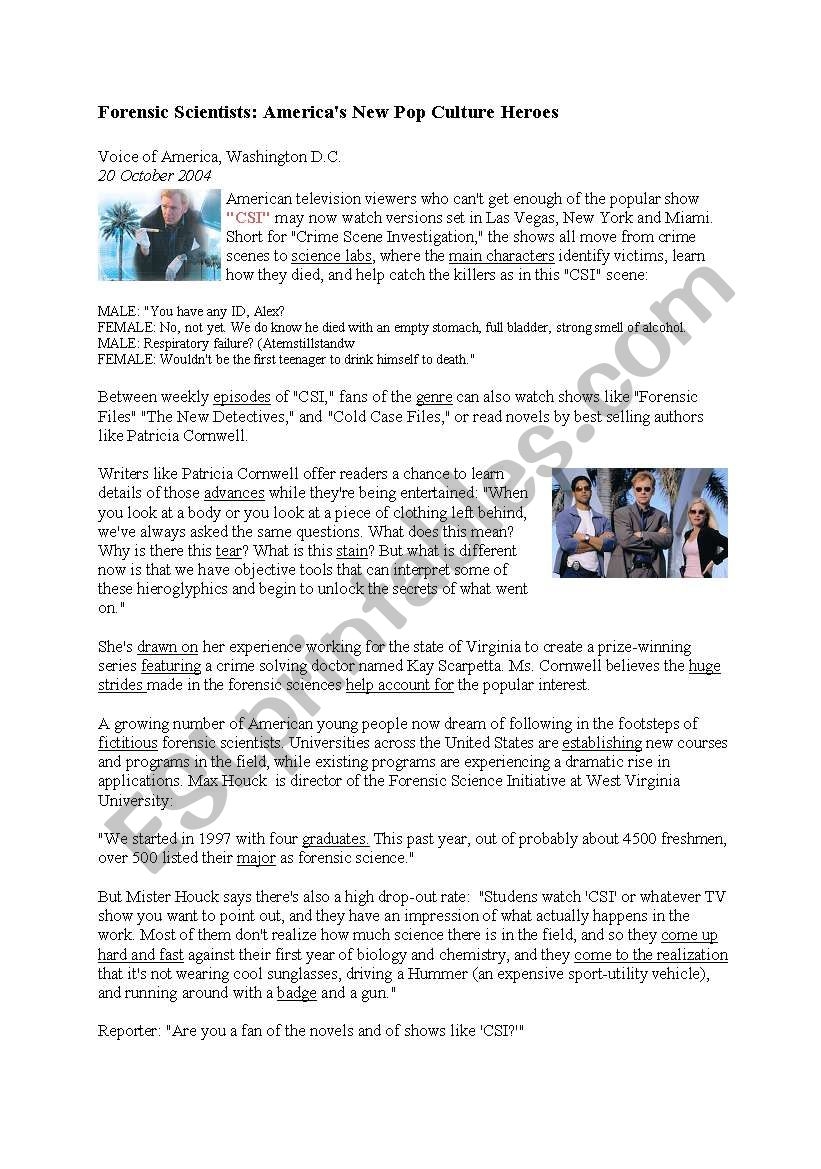 Forensics Reading Comprehension Worksheet