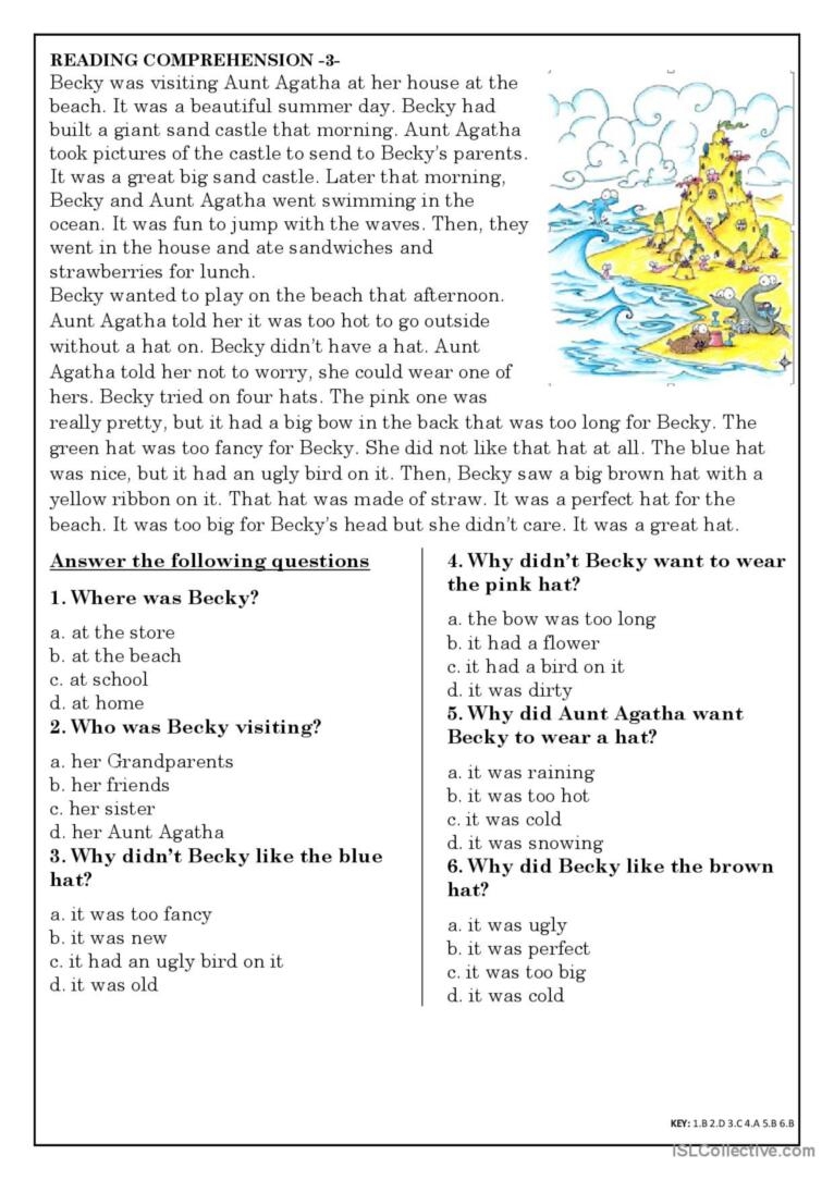 English Reading Comprehension Worksheets Esl