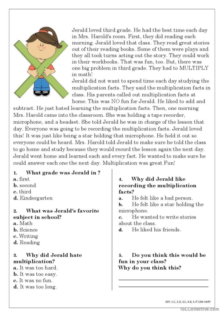 4Th Grade Esl Reading Comprehension Worksheets