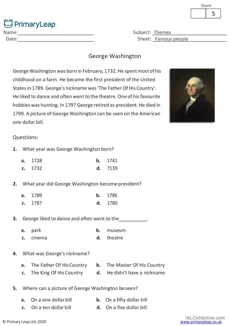 Reading Comprehension George Washi English ESL Worksheets Pdf Doc